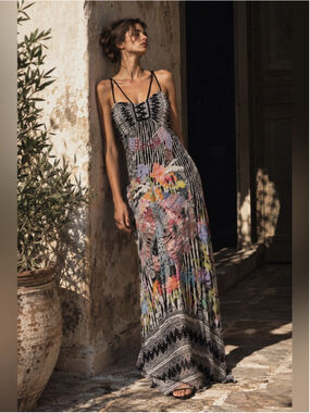 Save The Queen Italy Silk Abstract Floral Print Strappy Maxi Dress